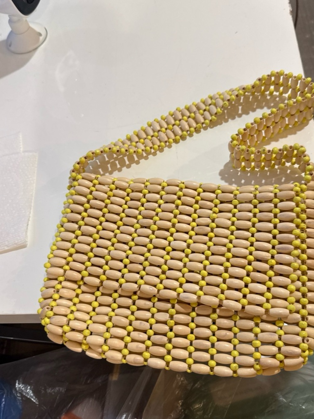 Beaded Crossbody Bag in Natural Wood and Yellow - Unbranded